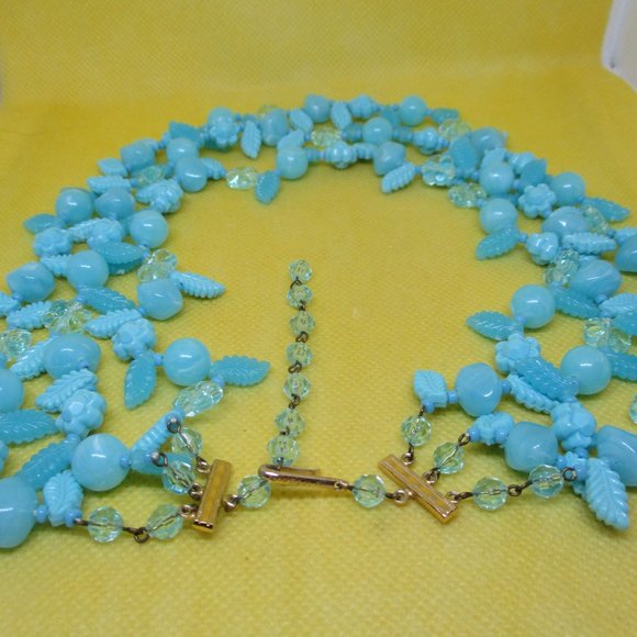 SIGNED W GERMANY NECKLACE Triple Strand Blue Flower Necklace Fruit Salad Beaded - Picture 12 of 12